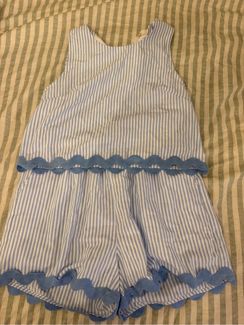 Blue & White Striped Shorts Set with Scalloped Trim